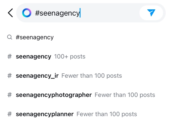 An iPhone screenshot displaying the results of searching for the hashtag '#seenagency' on Instagram.